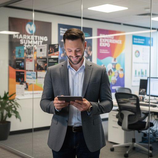 Logo společnosti zaměřené na marketing událostí na pozadí veletrhu.