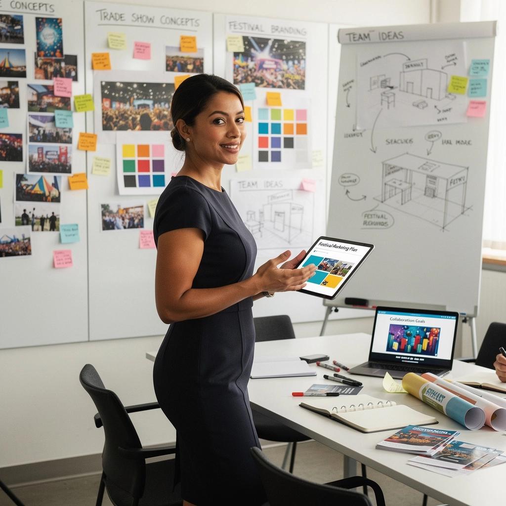 Záběr na návštěvníky stánku na veletrhu, kteří se zajímají o nabízené služby.